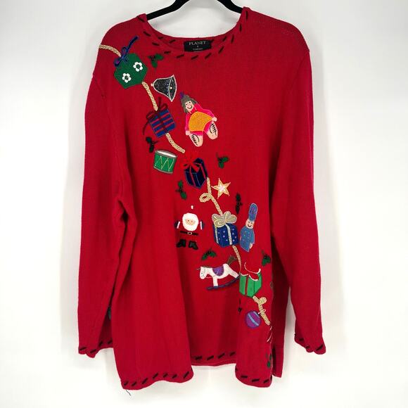 Vintage Red Christmas Sweater Embroidered Santa Toys Gifts Holiday Pullover - Picture 2 of 11